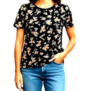 Denim & Flowers Large Women's Black Floral Top Shirt Blouse Miss Size 12 14 L